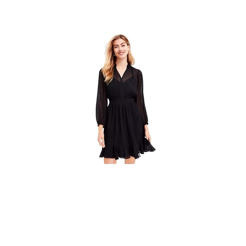 NWT LOFT  Women's size 10 Black Clip Godet Flare Short Dress Long Sleeve #594384